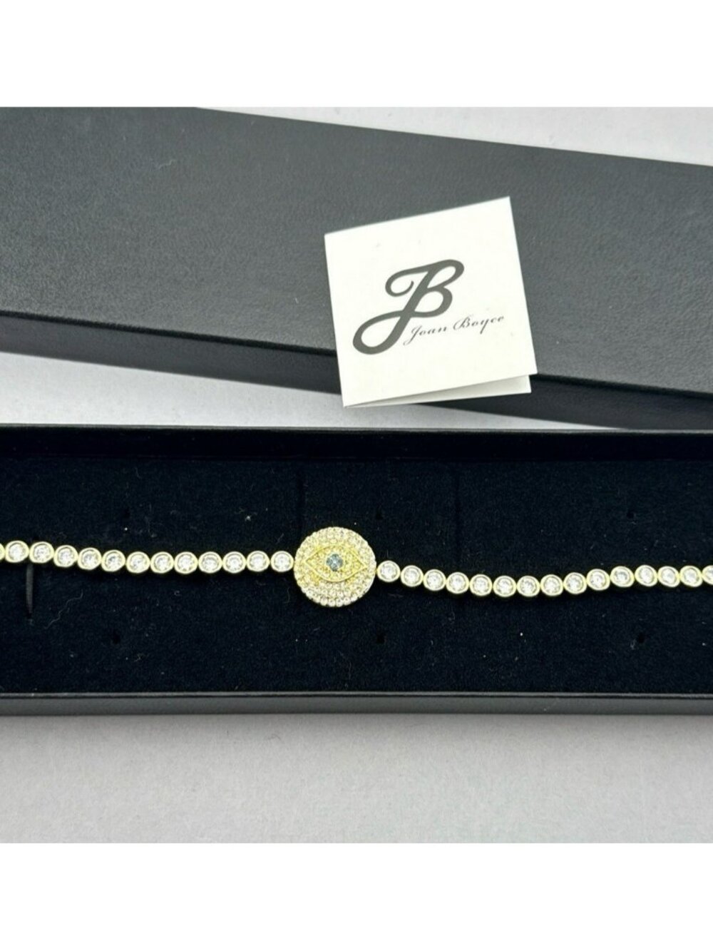 Joan Boyce Bracelet Evil Eye Angel Eye Talisman Rhinestone Bezel Set Gold Tone